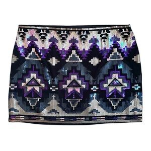 EXPRESS Black & Purple Shimmer Sequin Tribal Patterned Mini Festival Skirt Sz M